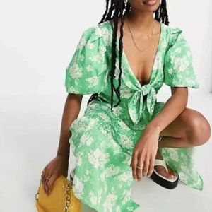 ASOS RIVER ISLAND | Green Floral Cottagecore Tie Front Midi Dress 10